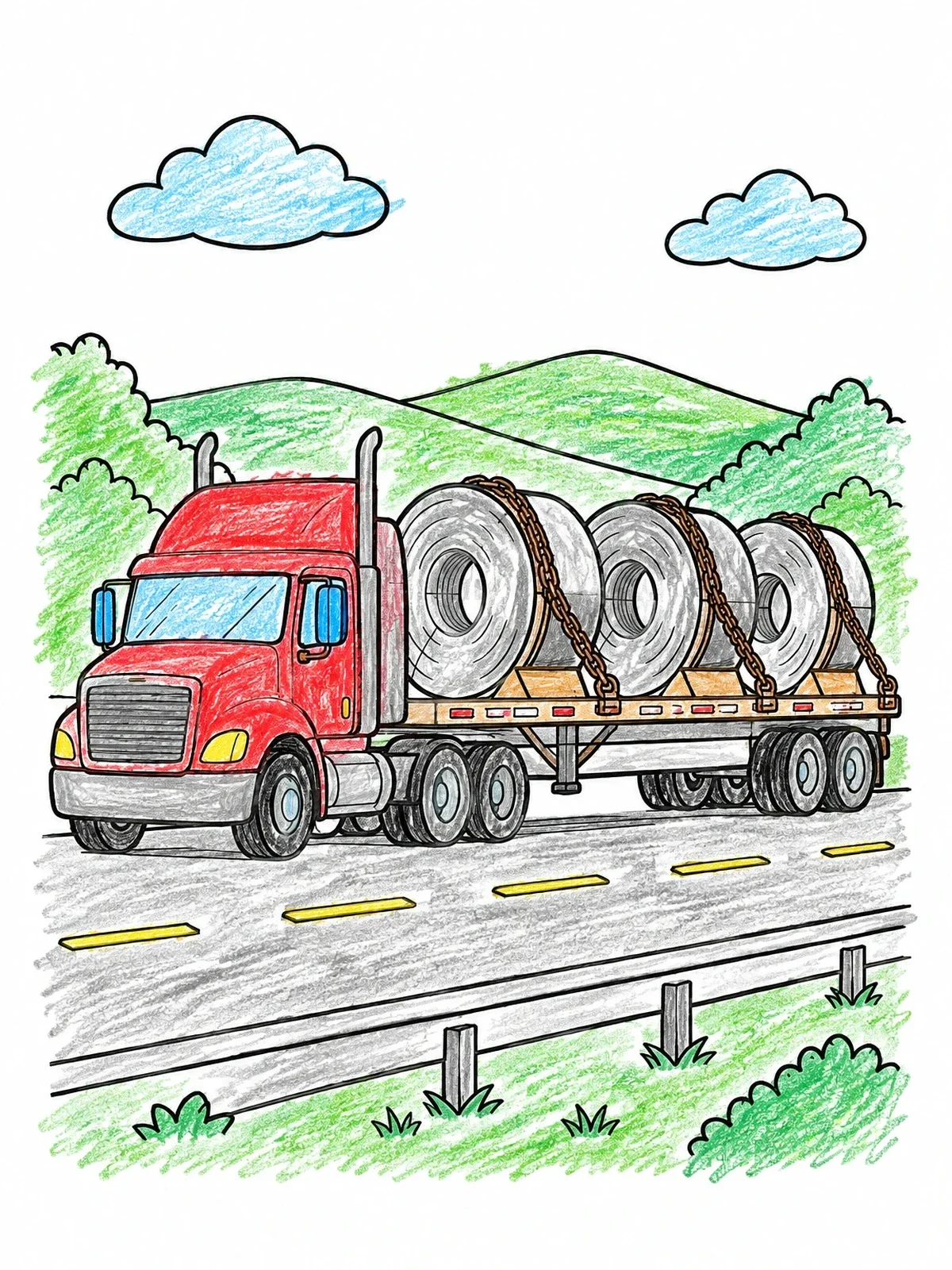 Colored example of the Flatbed Semi Truck Carrying Steel Coils coloring page
