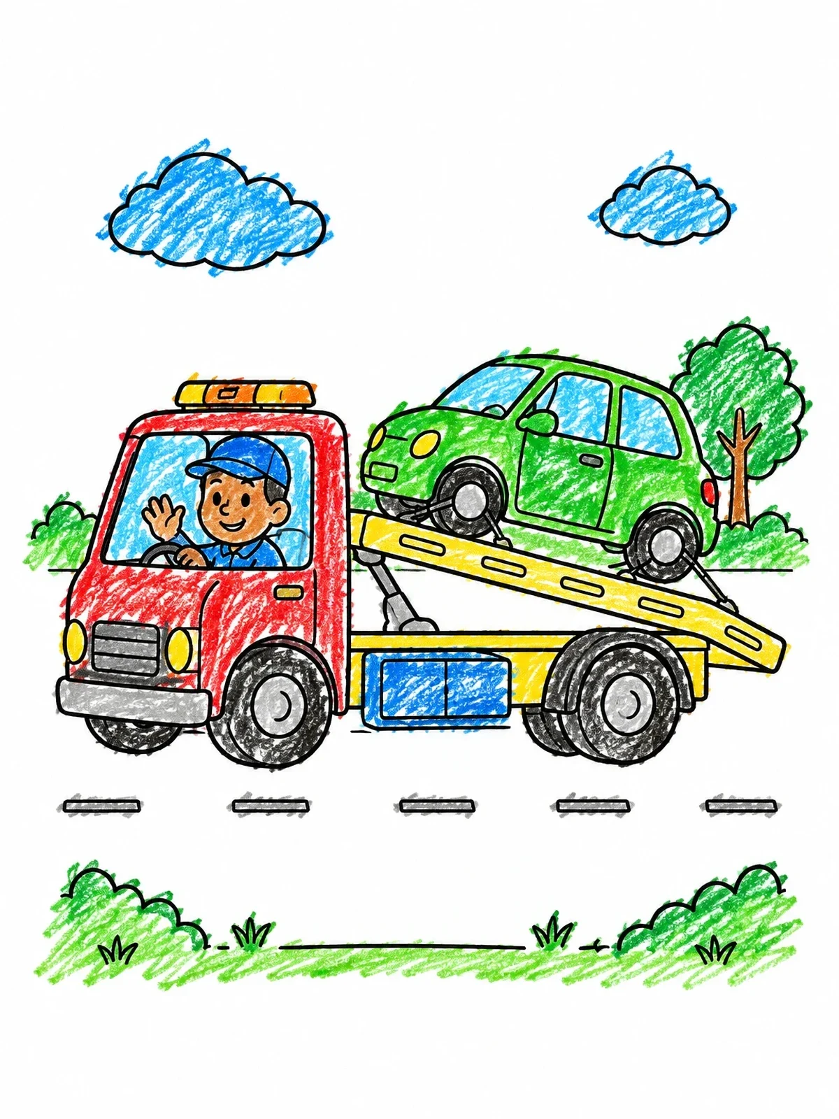 Colored example of the Flatbed Tow Truck Carrying Car coloring page