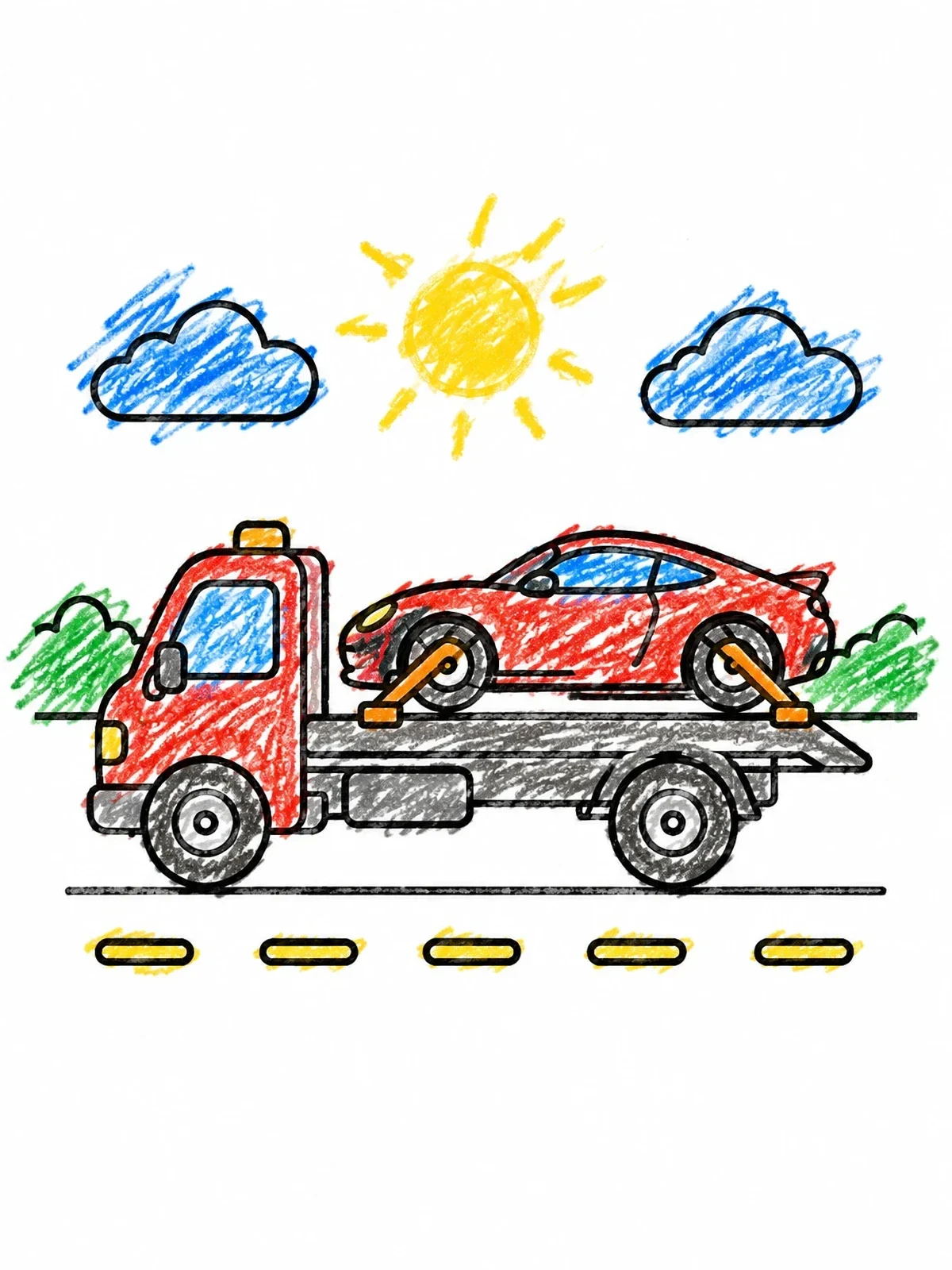 Colored example of the Flatbed Tow Truck Carrying Sports Car coloring page