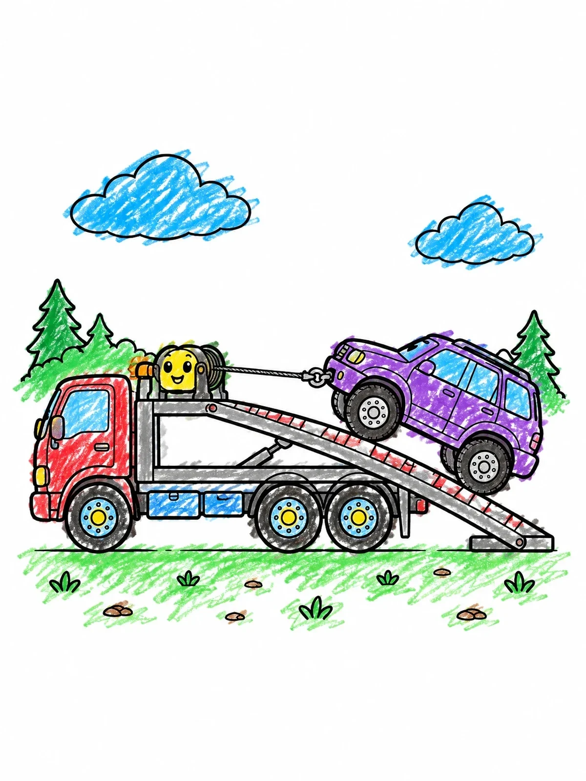 Colored example of the Flatbed Tow Truck Loading Car coloring page