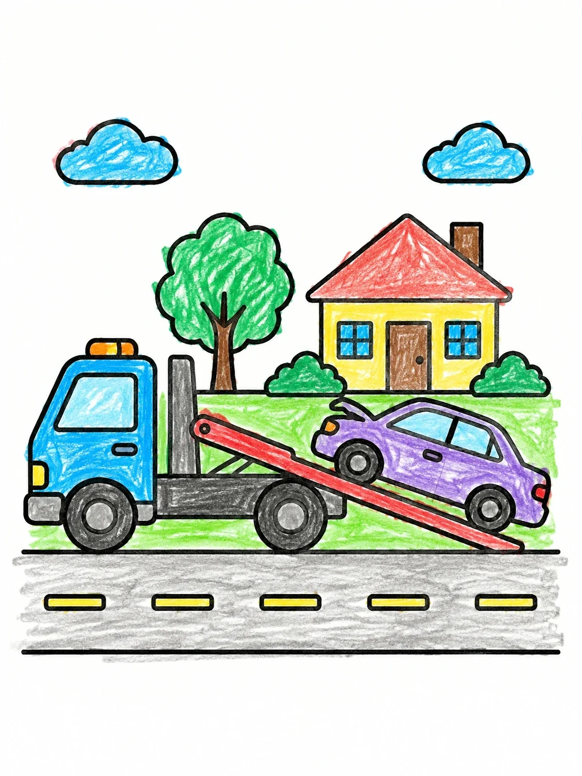Colored example of the Flatbed Tow Truck Loading A Car coloring page