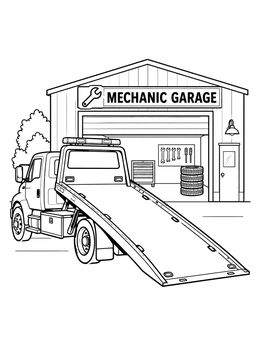 Free printable Flatbed Tow Truck At Mechanic Garage coloring page