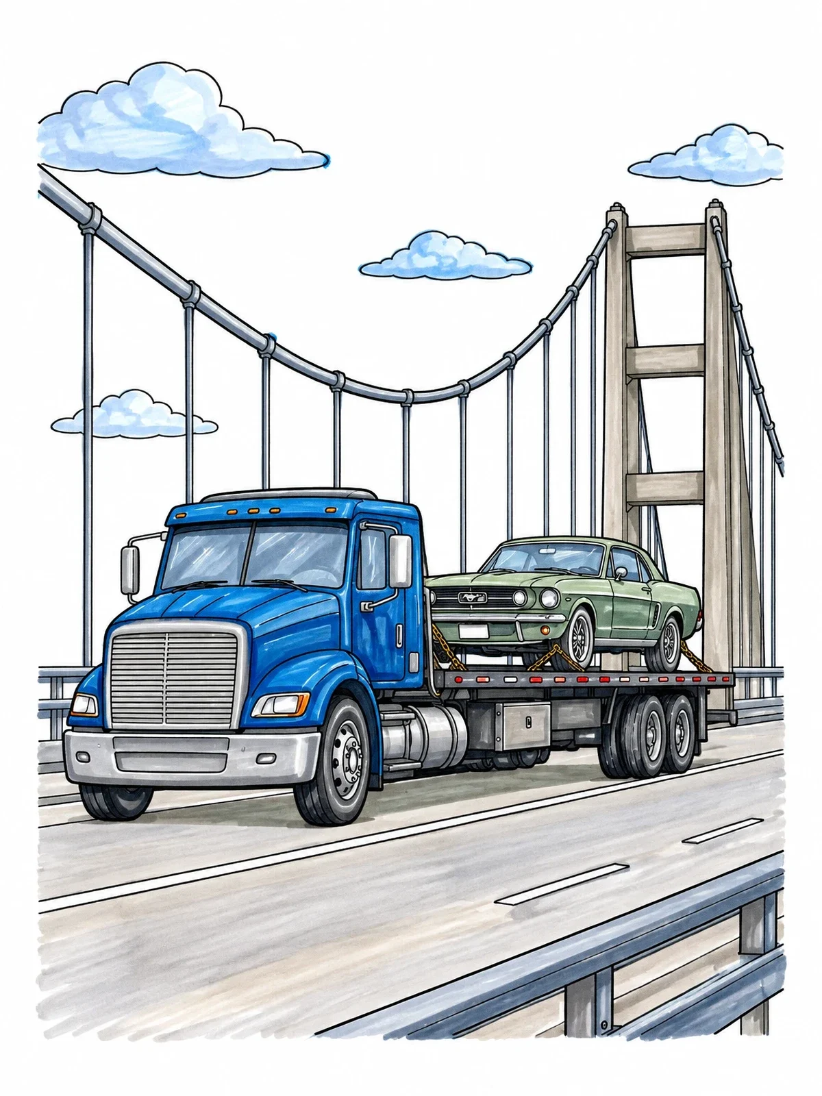 Colored example of the Flatbed Tow Truck On Suspension Bridge coloring page