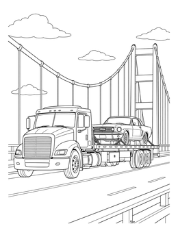 Free printable Flatbed Tow Truck On Suspension Bridge coloring page