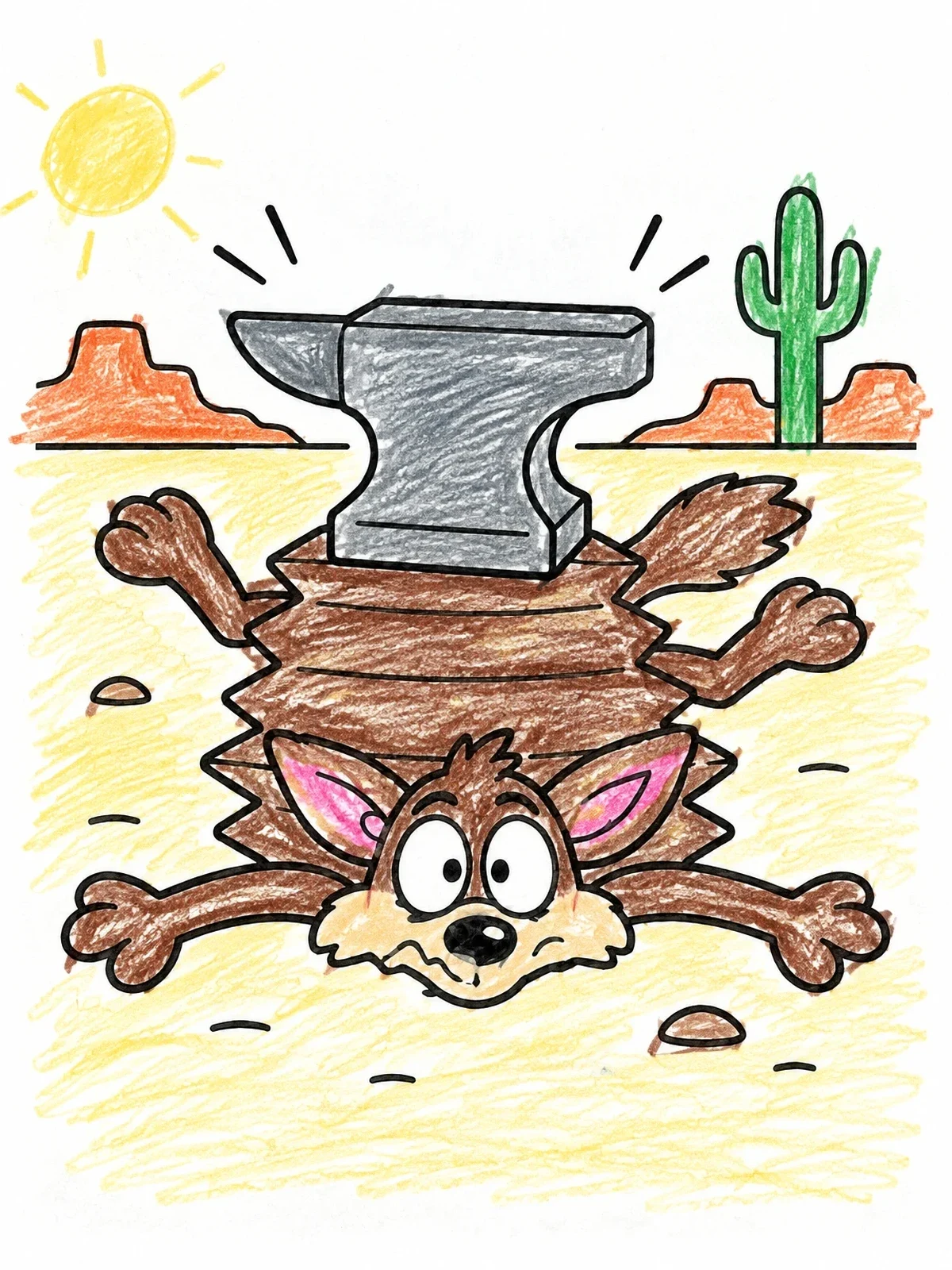 Colored example of the Flattened Cartoon Coyote Under Anvil coloring page