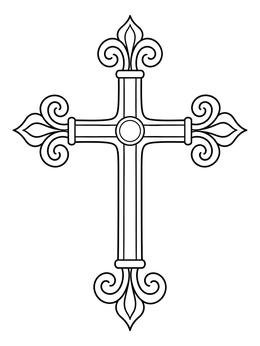 An ornate cross coloring page featuring fleur-de-lis tips and clean outlines.
