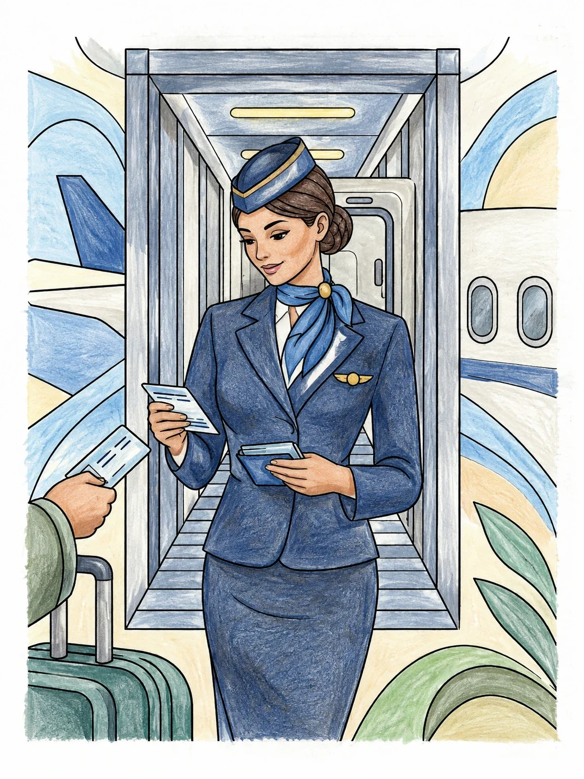 Colored example of the Flight Attendant Greeting Passengers At Jet Bridge coloring page
