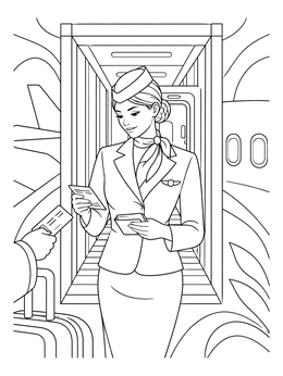 A smiling flight attendant checking boarding passes in this flight attendant coloring page.