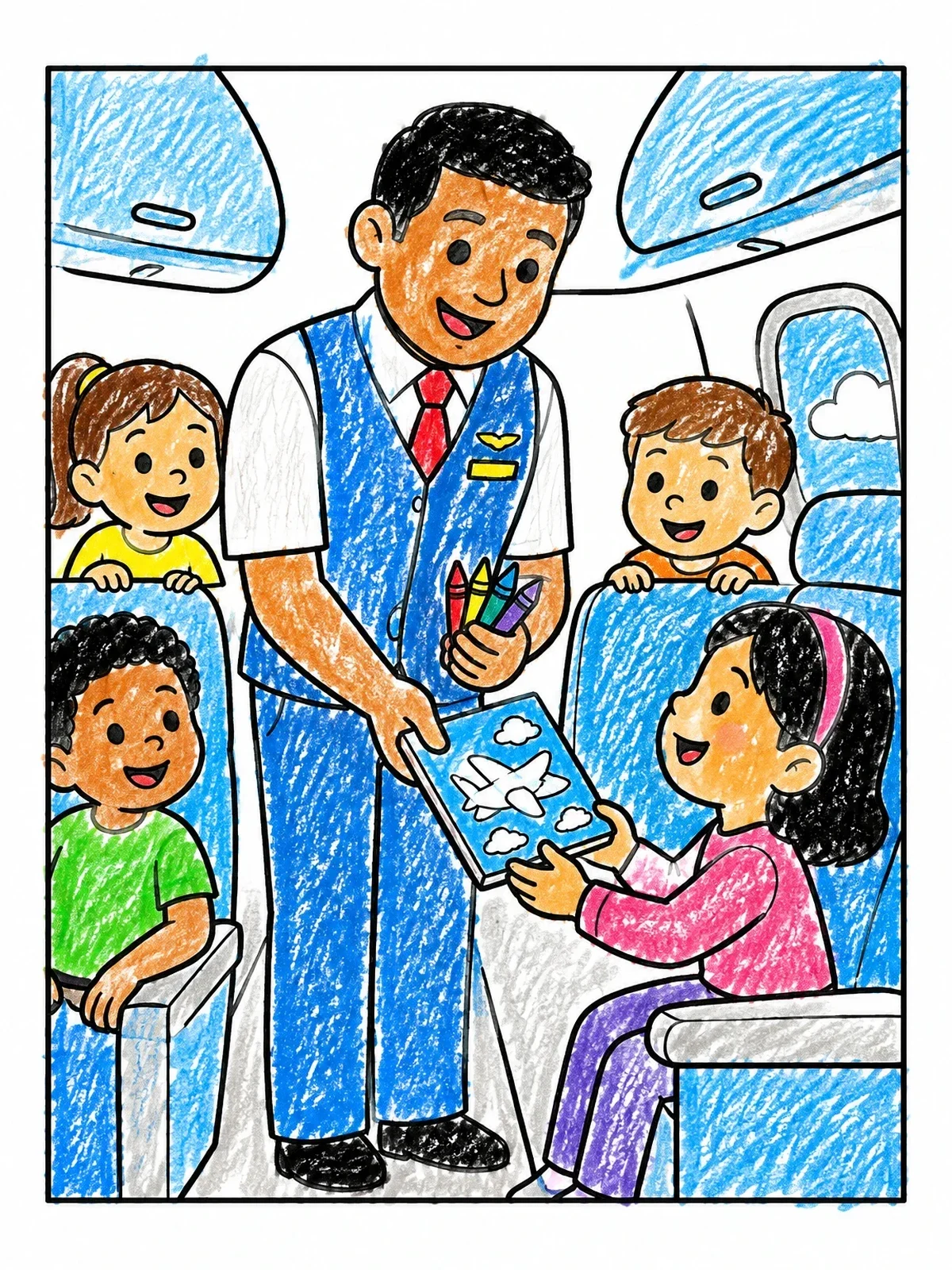 Colored example of the Flight Attendant Giving Coloring Book To Kids coloring page