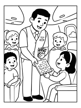 Free printable Flight Attendant Giving Coloring Book To Kids coloring page