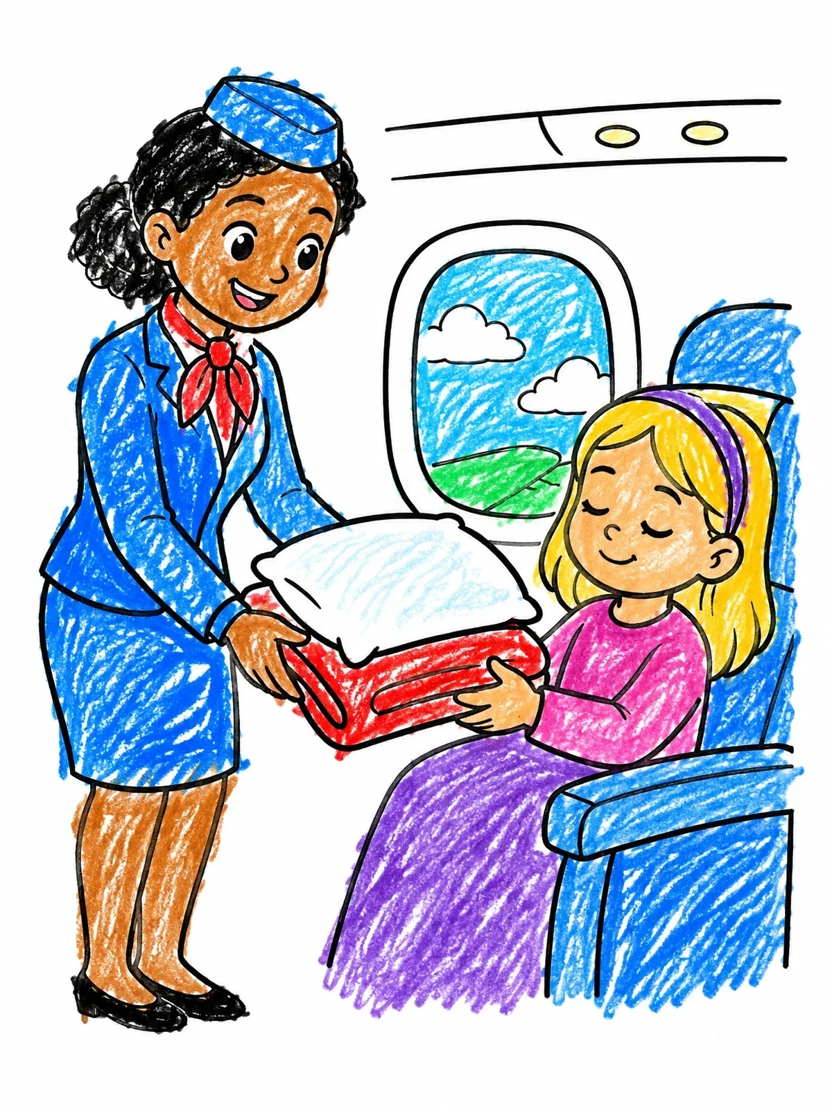 Colored example of the Flight Attendant Handing Blanket To Passenger coloring page