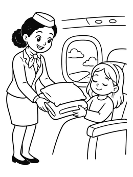 Free printable Flight Attendant Handing Blanket To Passenger coloring page