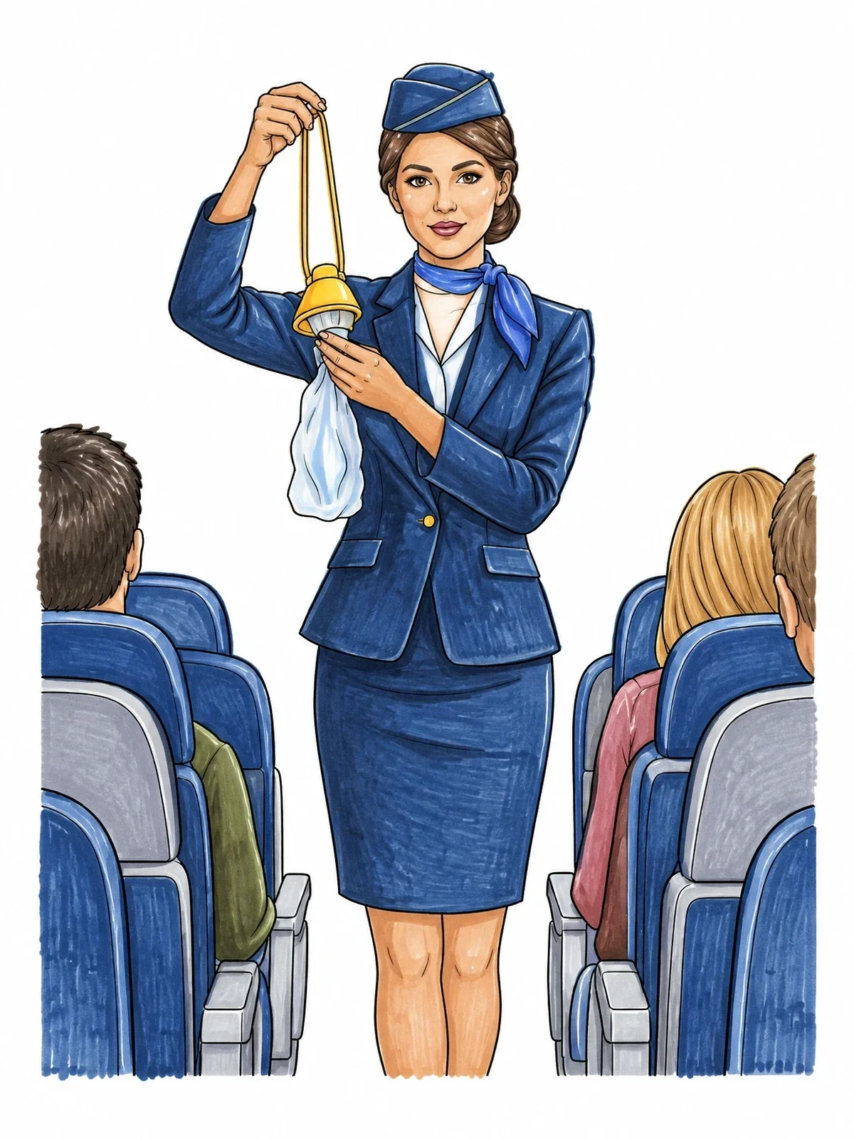 Colored example of the Flight Attendant Safety Demonstration coloring page