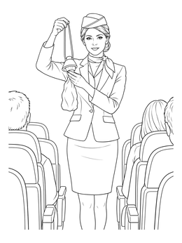 A realistic flight attendant coloring page showing an oxygen mask demonstration in the aisle.