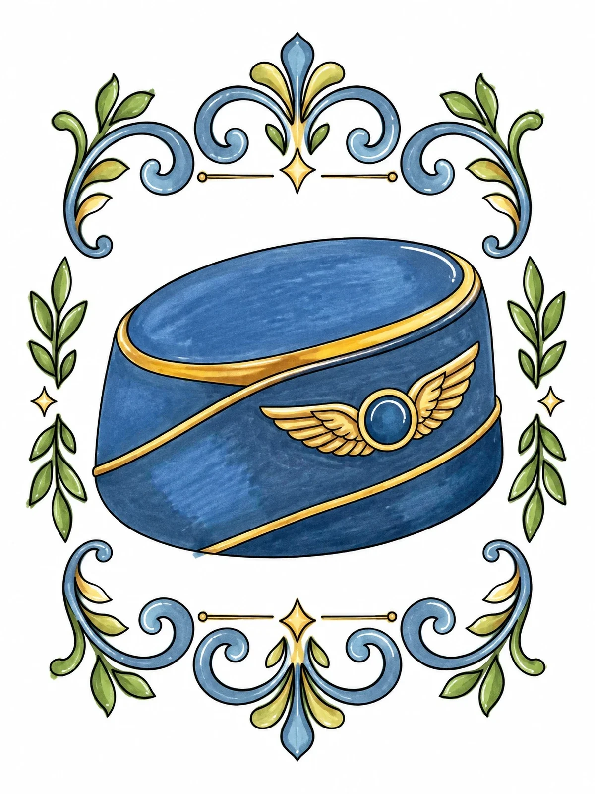 Colored example of the Flight Attendant Pillbox Hat With Wings coloring page