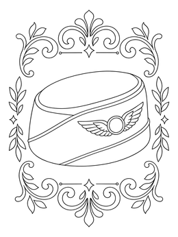 A vintage flight attendant pillbox hat coloring page framed with elegant ornamental scrolls and leaves.