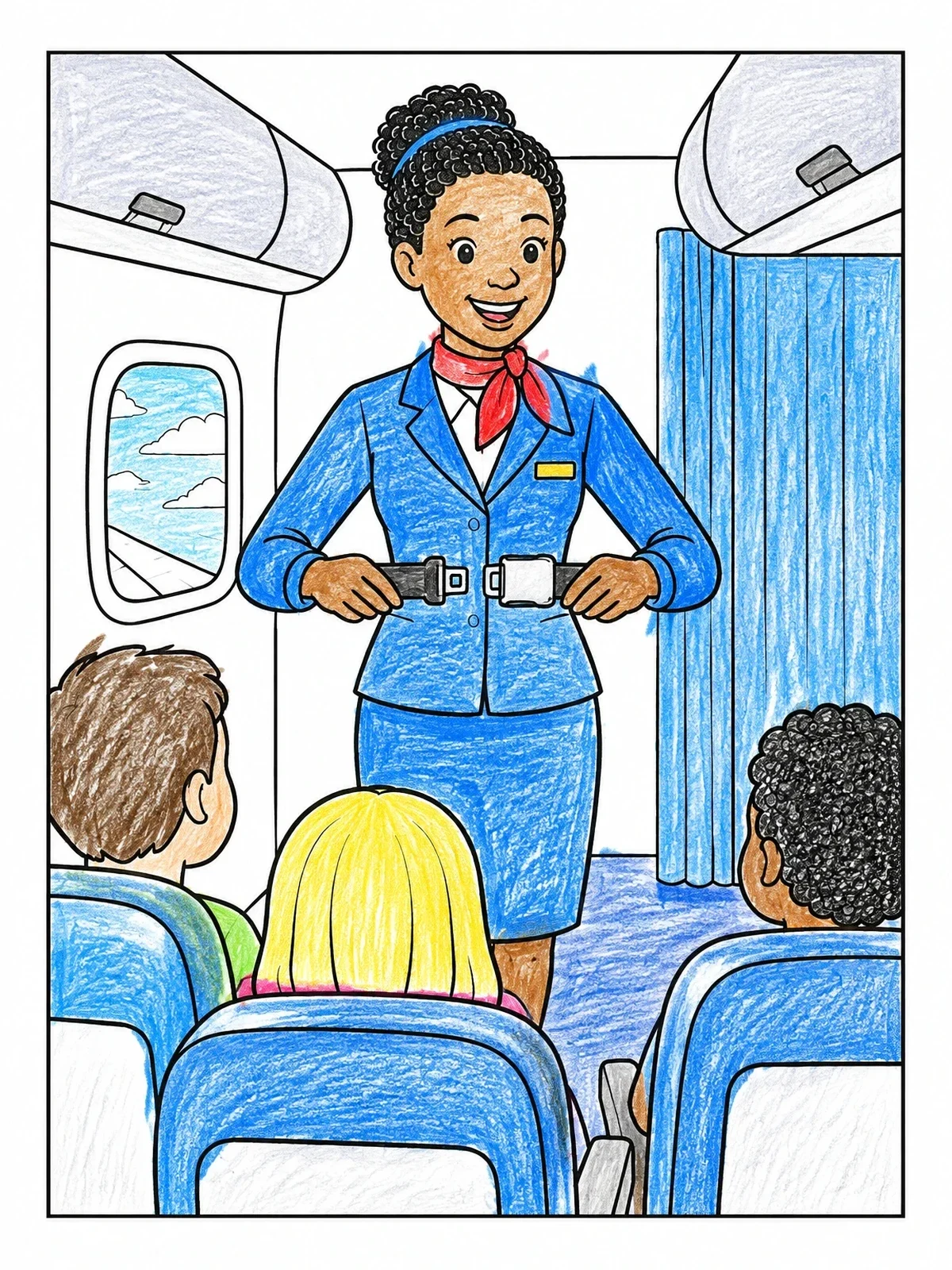 Colored example of the Flight Attendant Safety Demonstration coloring page