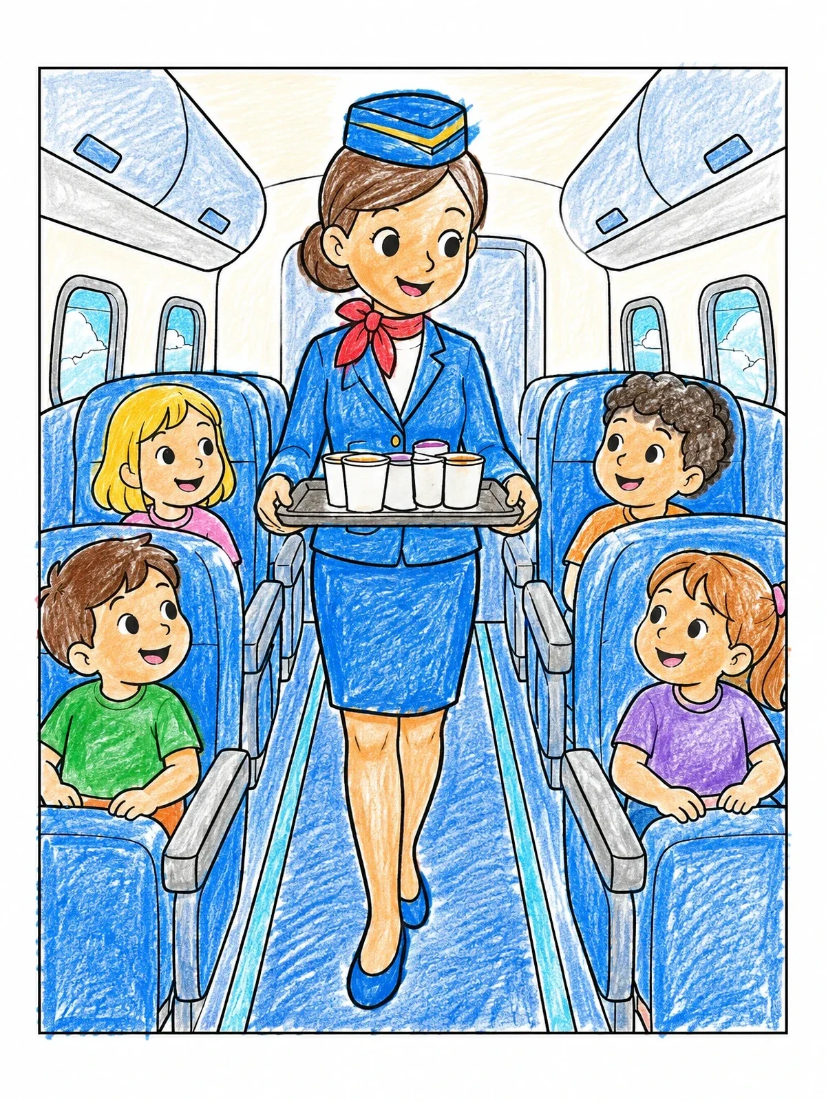 Colored example of the Flight Attendant Serving Drinks On Airplane coloring page