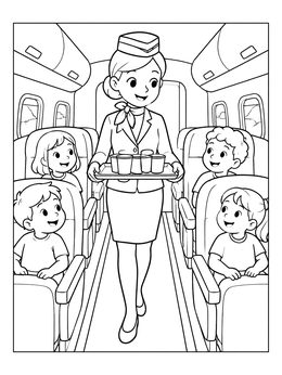 Free printable Flight Attendant Serving Drinks On Airplane coloring page