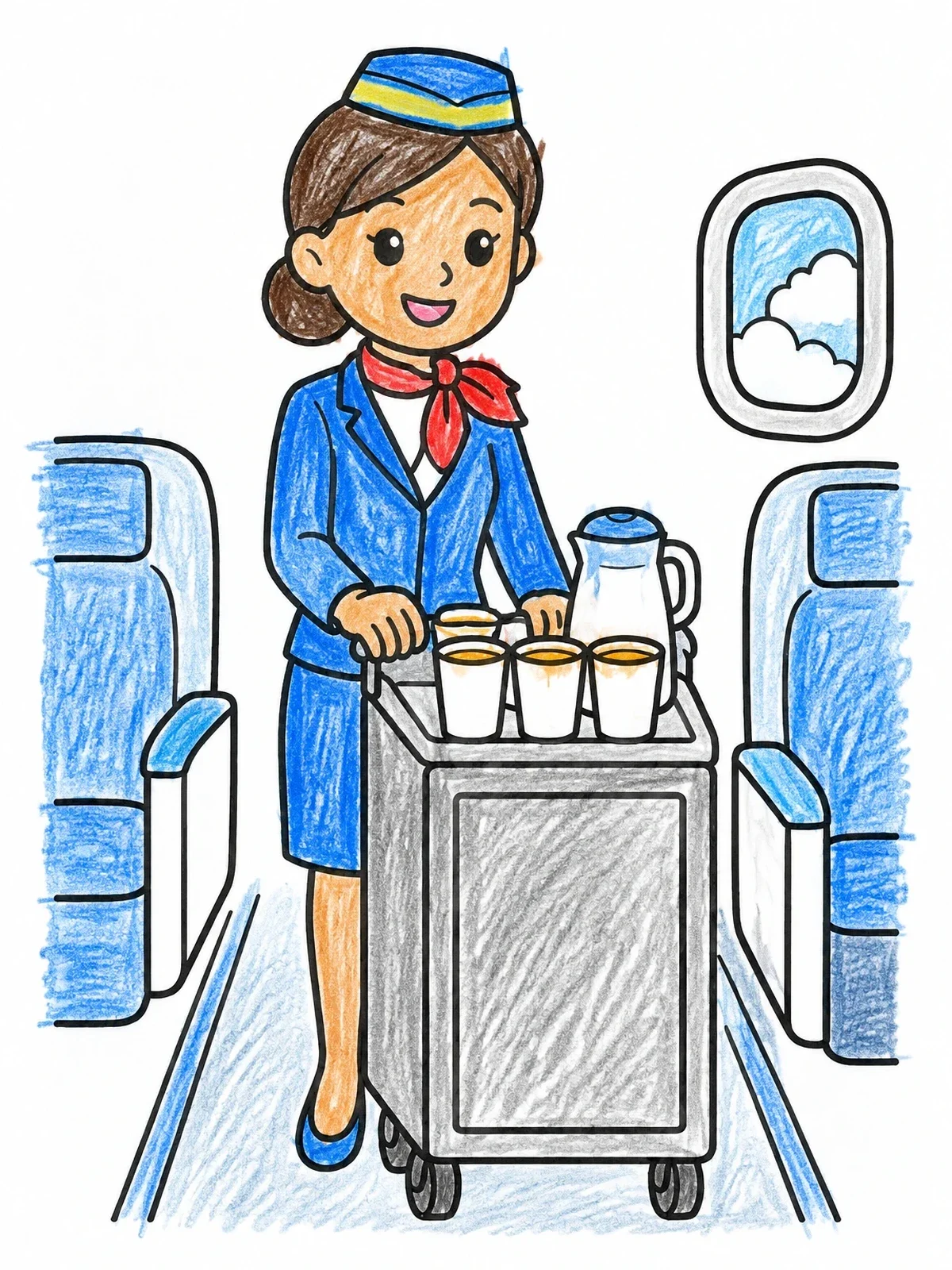 Colored example of the Flight Attendant Serving Drinks coloring page
