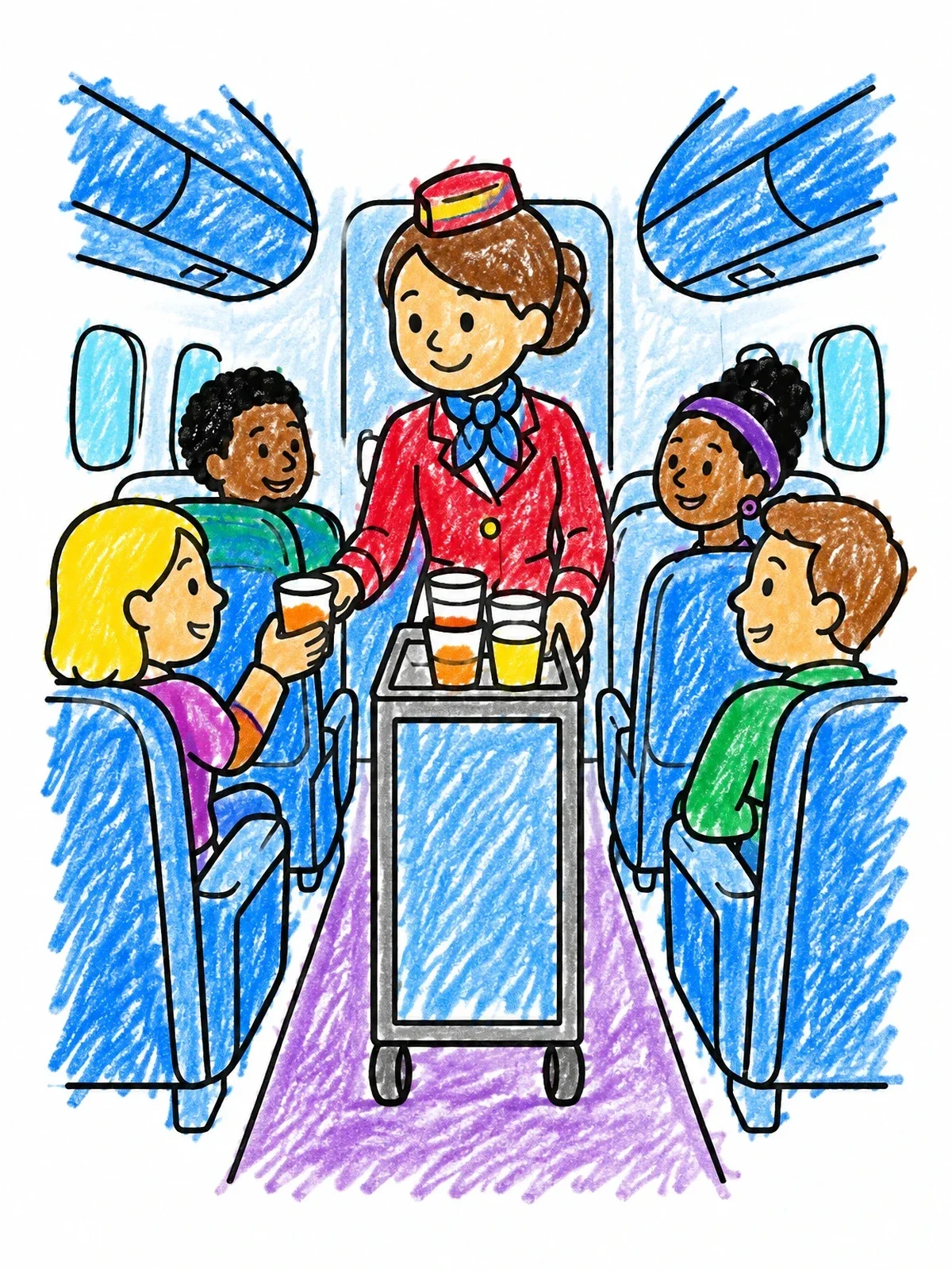Colored example of the Flight Attendant Serving Passengers Drinks coloring page