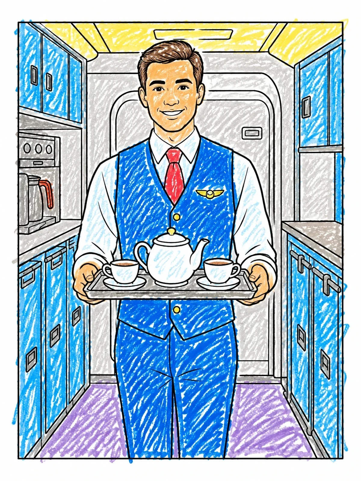 Colored example of the Flight Attendant Serving Tea In Galley coloring page