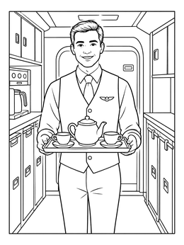 A friendly flight attendant coloring page featuring a steward serving tea in the airplane galley.