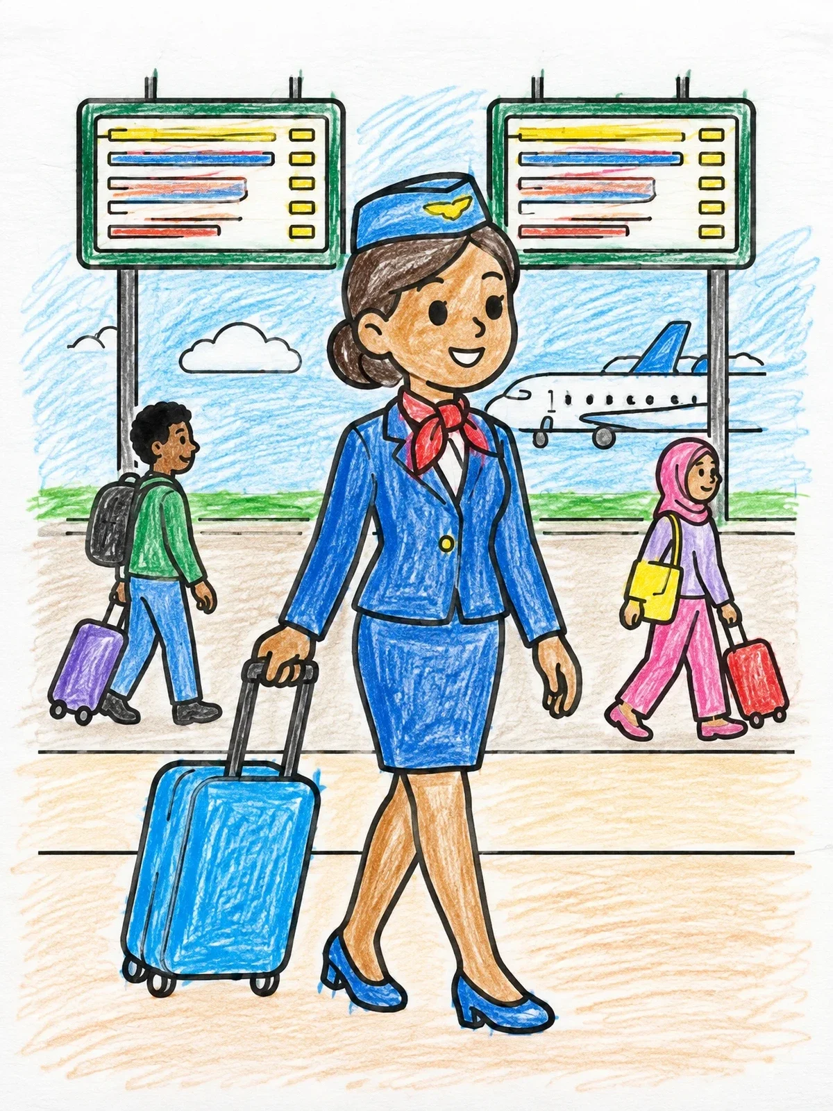 Colored example of the Flight Attendant Walking Through Airport coloring page