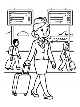 Free printable Flight Attendant Walking Through Airport coloring page
