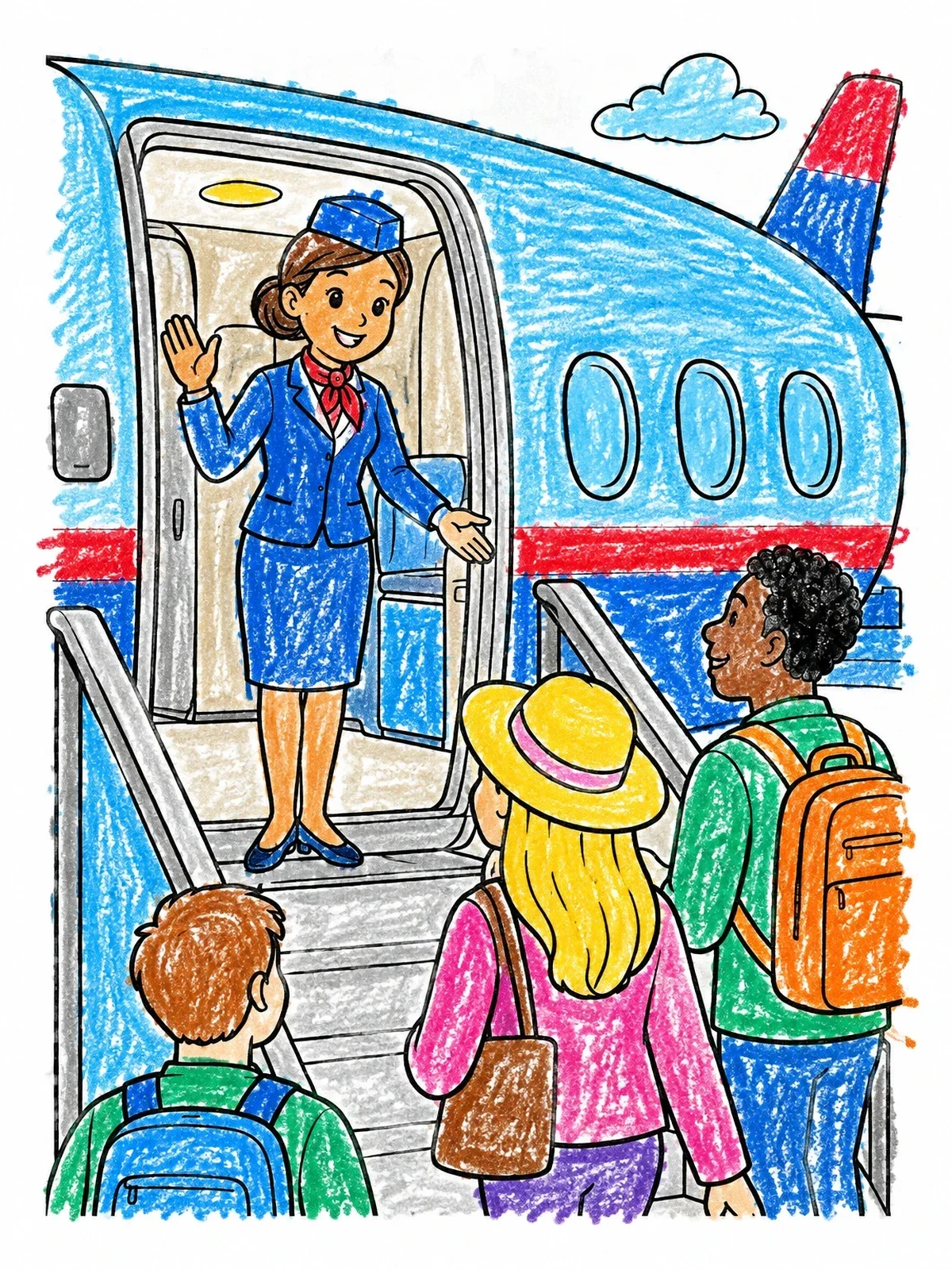 Colored example of the Flight Attendant Welcoming Boarding Passengers coloring page