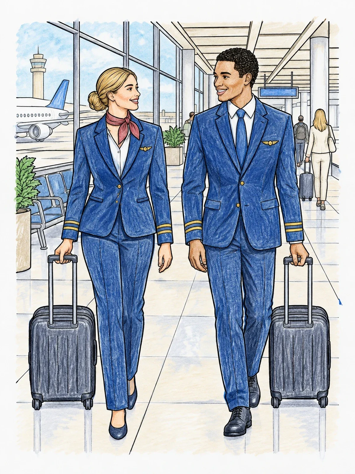 Colored example of the Flight Attendants Walking Through Airport coloring page
