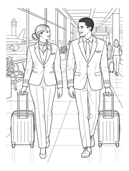 Two smiling crew members in this flight attendant coloring page walk through an airport terminal.