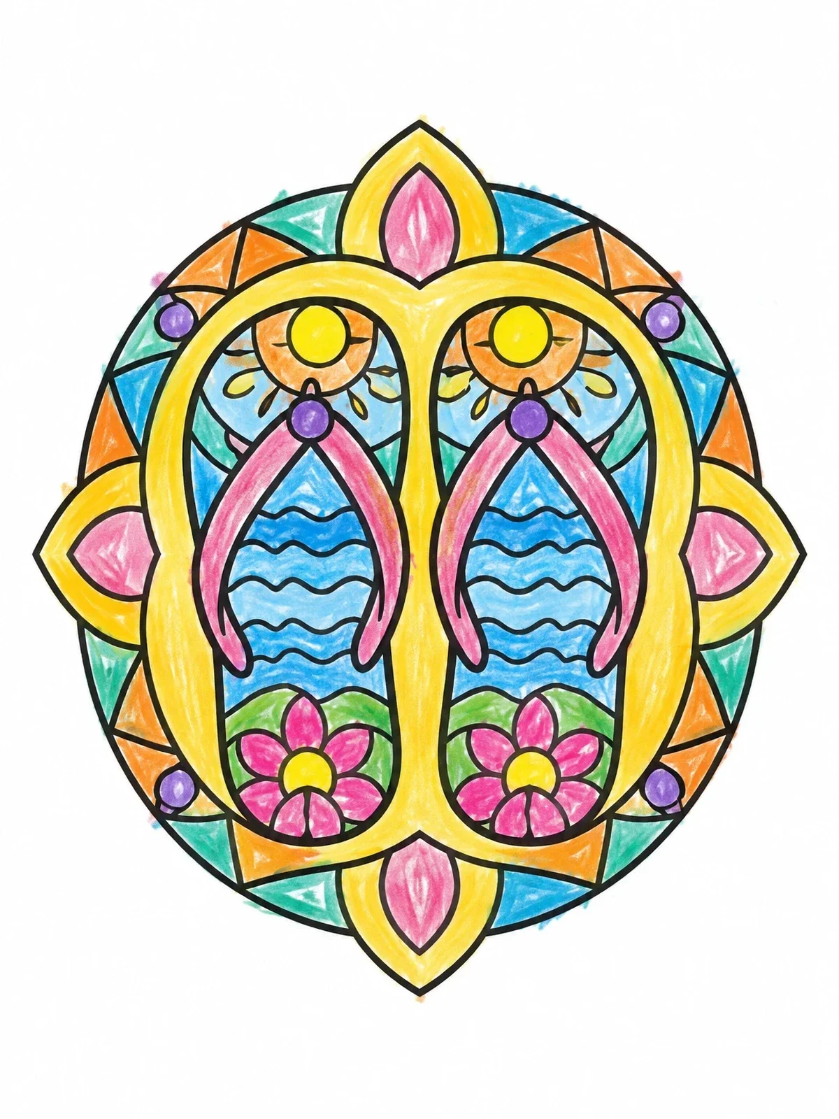 Colored example of the Flip Flops Summer Mandala coloring page