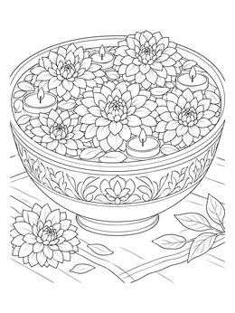 Floating blossoms and tea candles fill an ornate bowl in this dahlia coloring page.