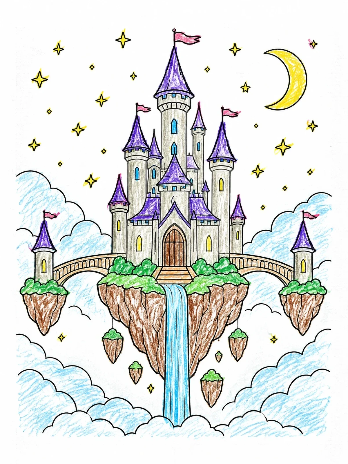 Colored example of the Floating Fantasy Castle In The Sky coloring page