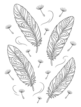 Detailed feather coloring page with swirling patterns and floating dandelion seeds.