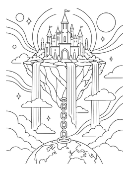 A floating island castle coloring page chained to a globe with waterfalls flowing downward.