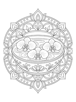 An orchid coloring page with three blooms floating in a decorative bowl within a mandala.