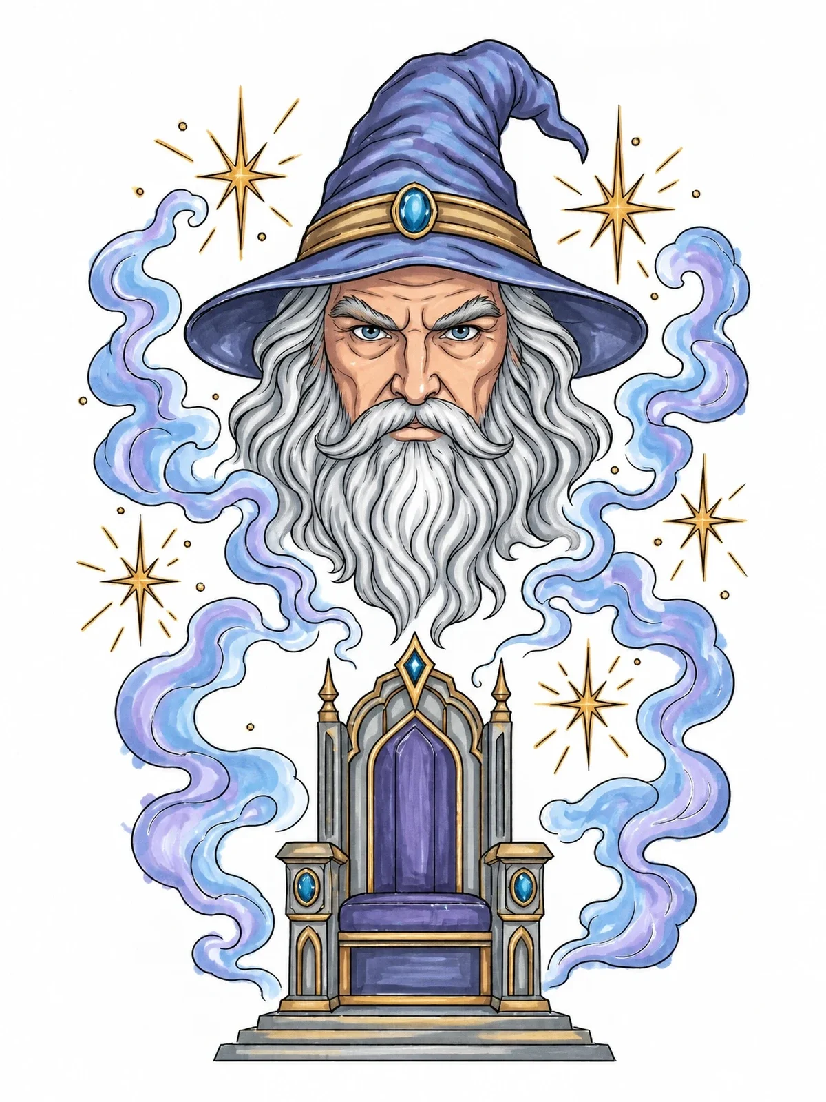 Colored example of the Floating Wizard Illusion Above Empty Throne coloring page