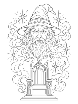 An illusory giant wizard head floats above a grand throne on this wizard coloring page.