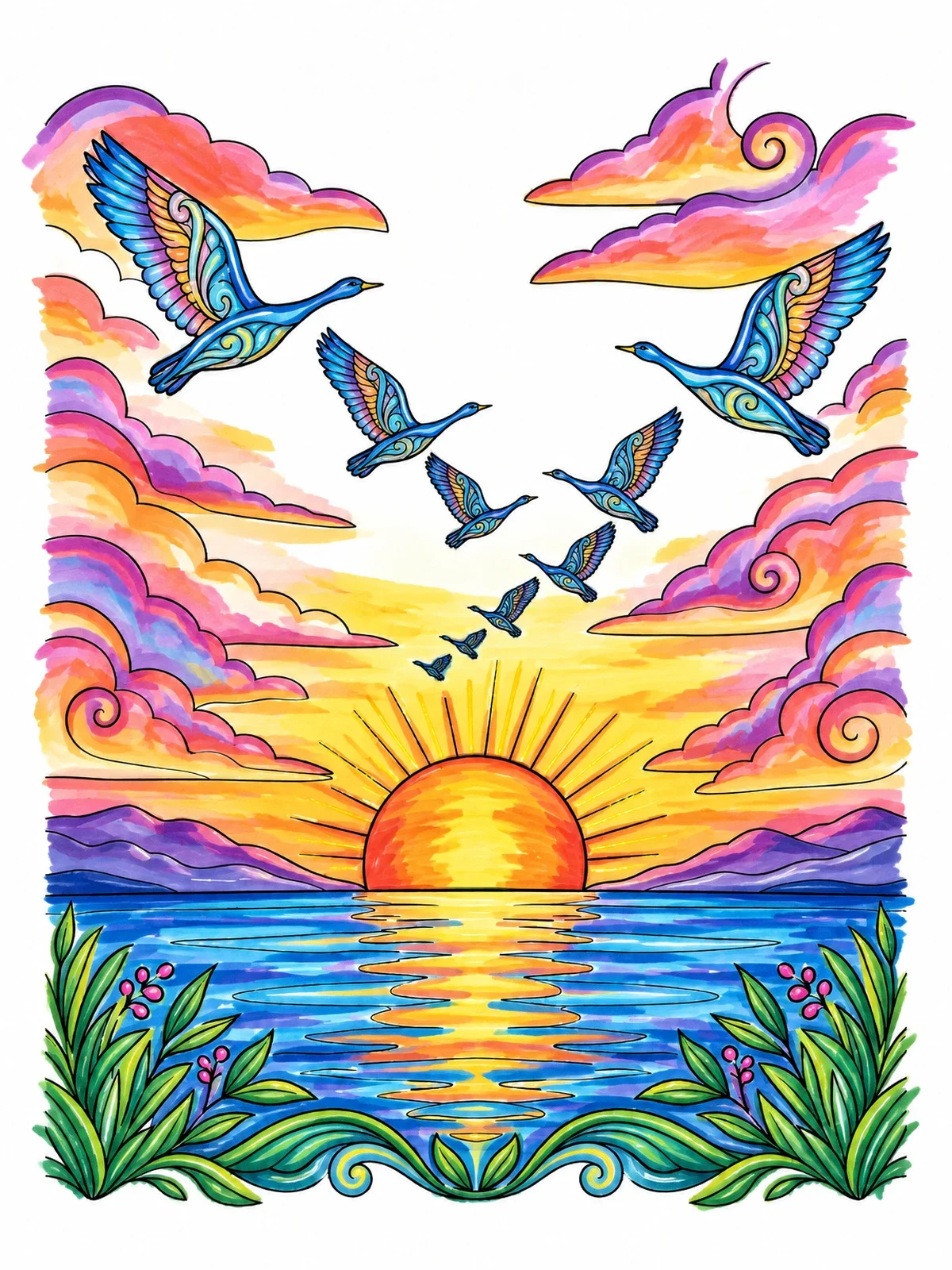 Colored example of the Flock Of Birds At Sunset coloring page