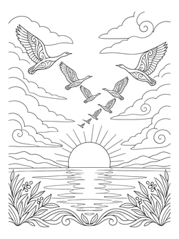 Free printable Flock Of Birds At Sunset coloring page