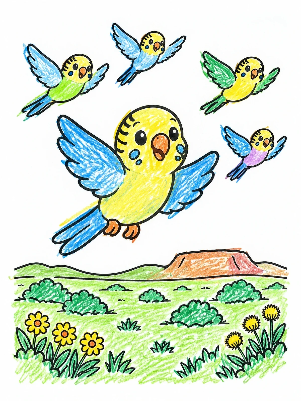 Colored example of the Flock Of Budgies Flying Over Grassland coloring page