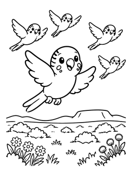 Free printable Flock Of Budgies Flying Over Grassland coloring page