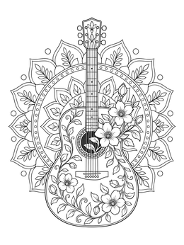 A decorative acoustic guitar with flowers on a flower power coloring page.