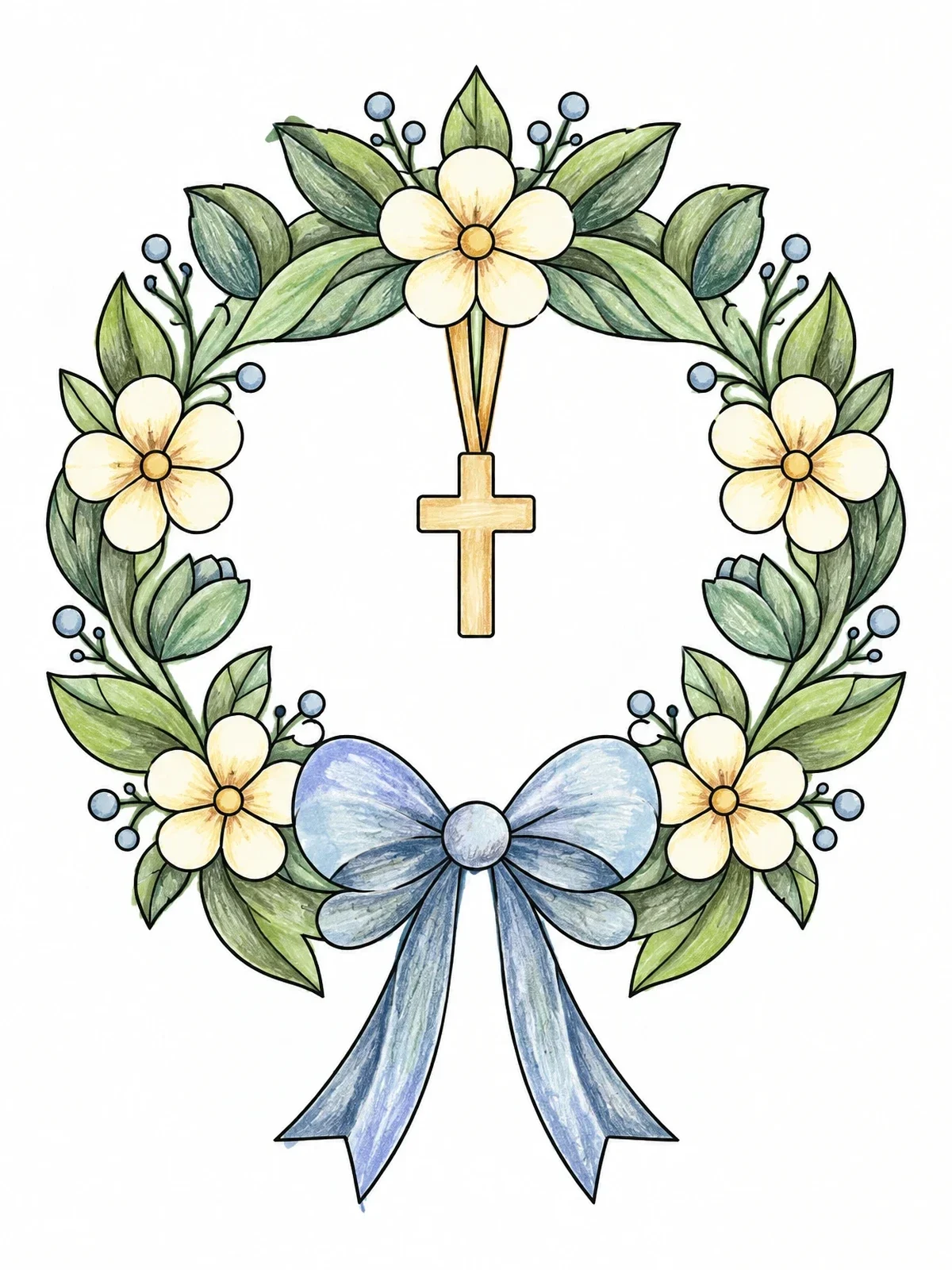 Colored example of the Floral Baptism Wreath With Cross coloring page