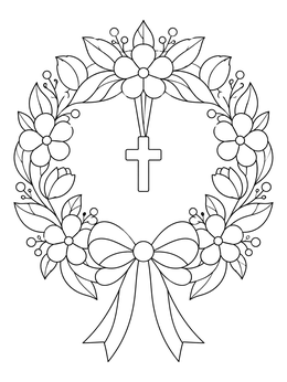 A floral baptism wreath and ribbon featured on this baptism coloring page.