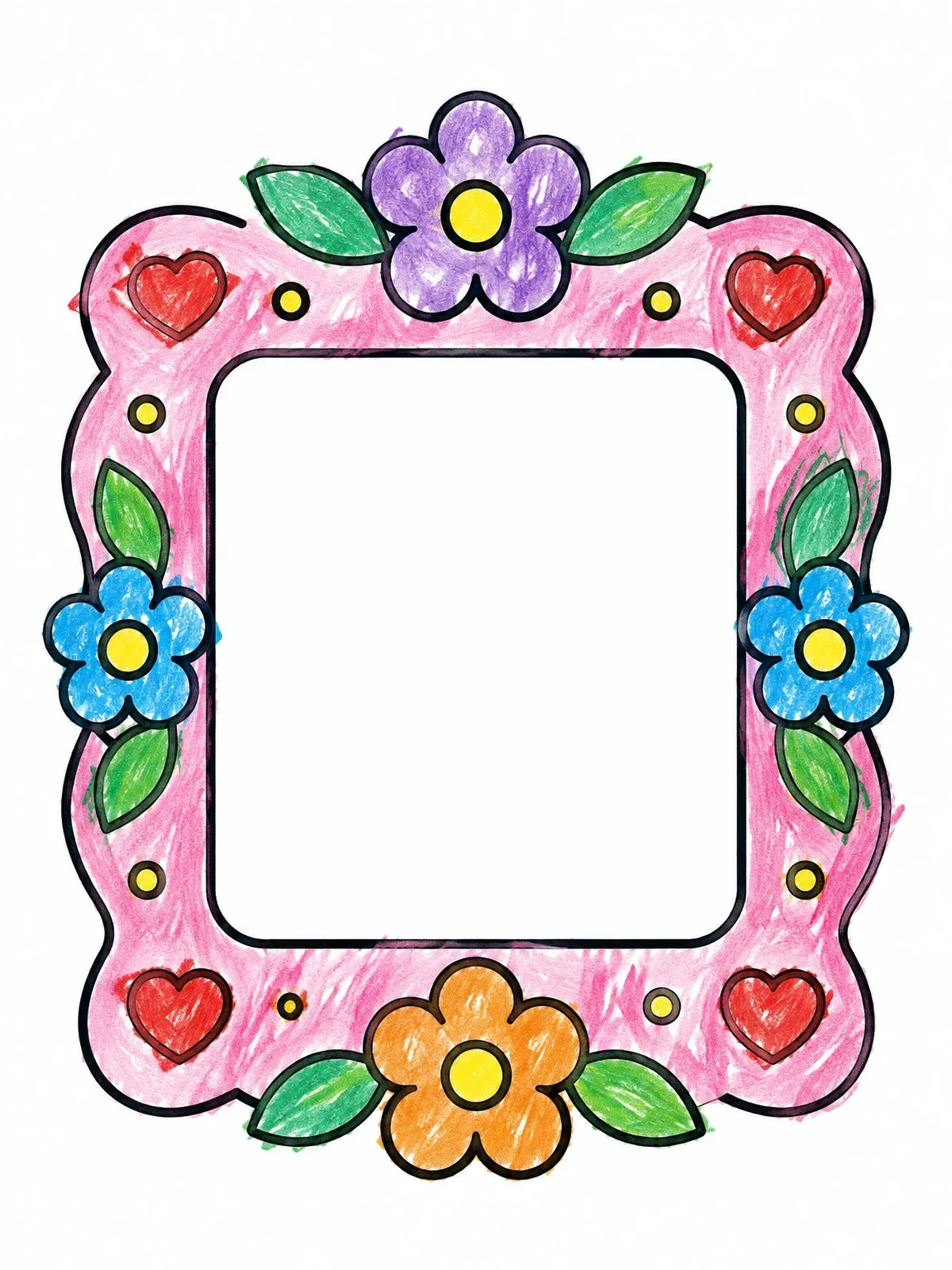 Colored example of the Floral Book Cover Frame With Hearts coloring page