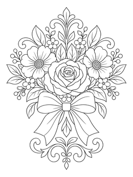 A symmetrical rose floral arrangement on this elegant bow coloring page.