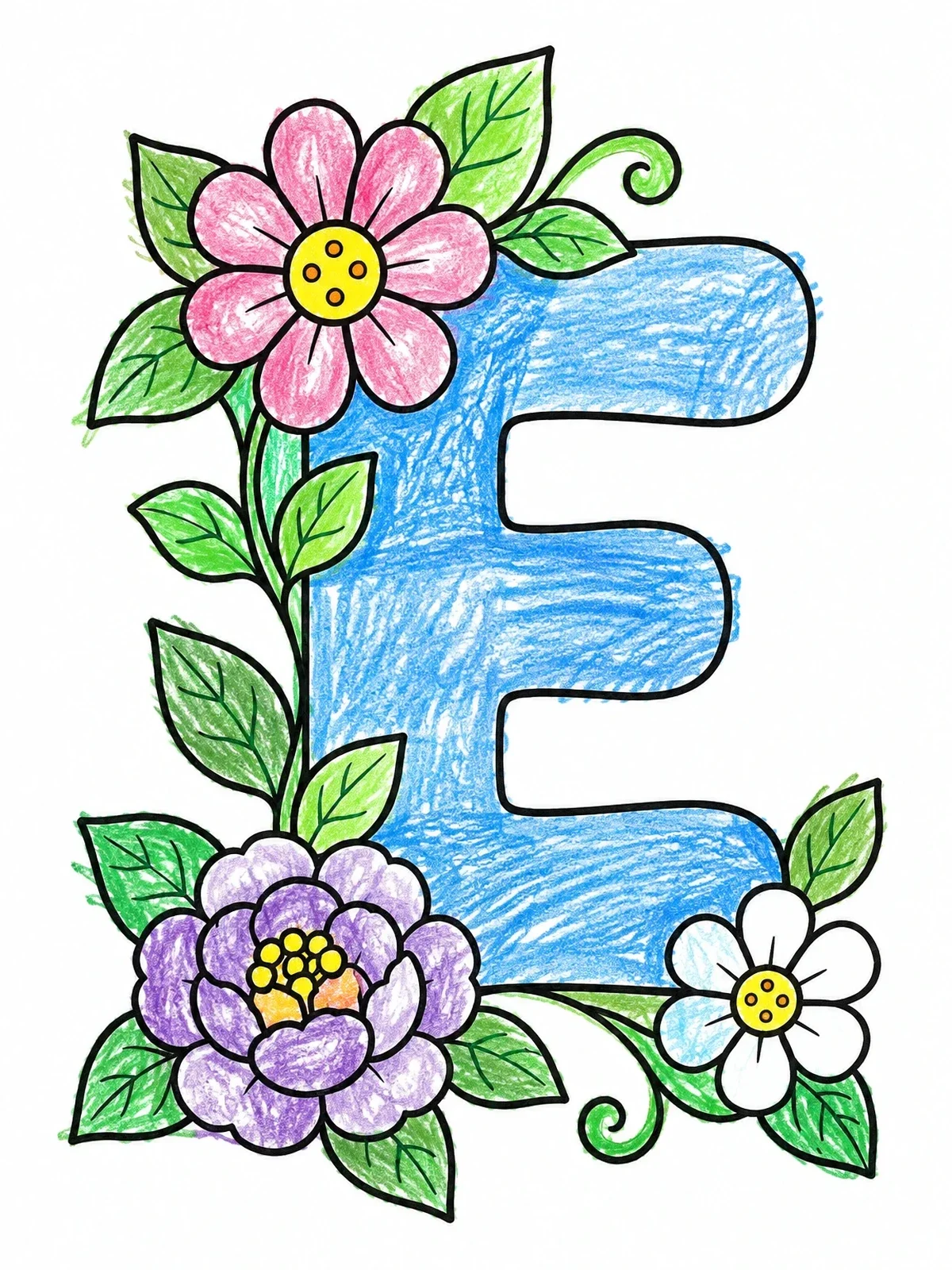 Colored example of the Floral Capital Letter E coloring page